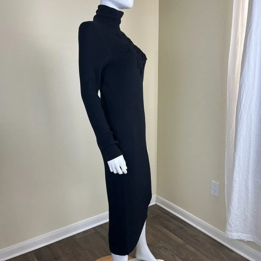 DVF Women Size L Black Wool Jersey Knit Midi Sweater Dress Capsule Minimalist